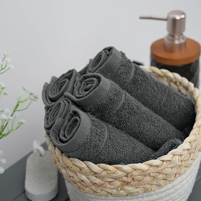 Tens Towels Pack of 60 Washcloths, 12 x 12 Inches, Lighter Weight, Quick to Dry, Super Soft & Absorbent, Gentle Face Towels, Hotel Quality, Perfect for Bathroom, Gym, Spa, Dark Grey