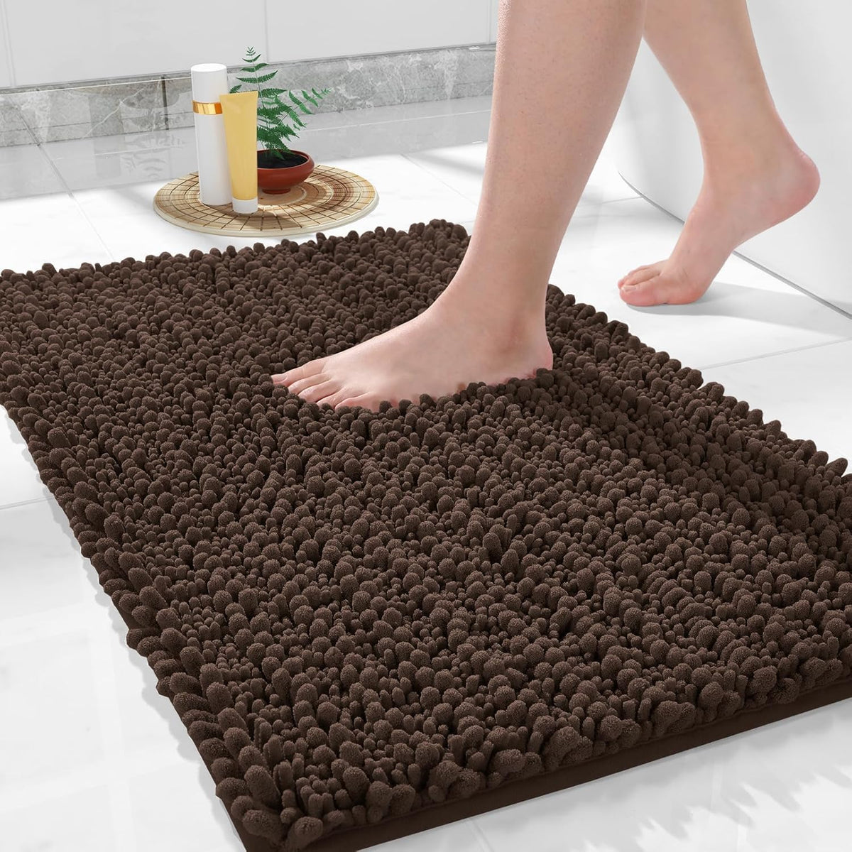 Yimobra Large Bathroom Rugs Non Slip Washable 36x24 Inch - Ultra Soft Absorbent Chenille Bath Mat, Quick Dry Shaggy Floor Carpet for Tub Shower, Brown Home Decor Accessories