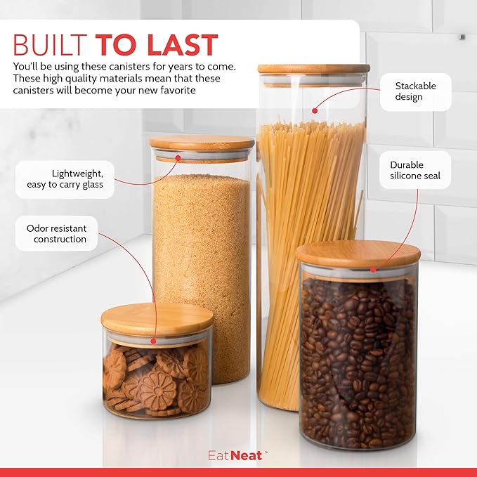 EatNeat 4‑Piece Glass Canister Set with Airtight Bamboo Lids – Giftable Kitchen Storage – Tall Jar Fits Spaghetti – 74/56/36/20 oz for Pantry, Dry Goods, Coffee, Snacks & More