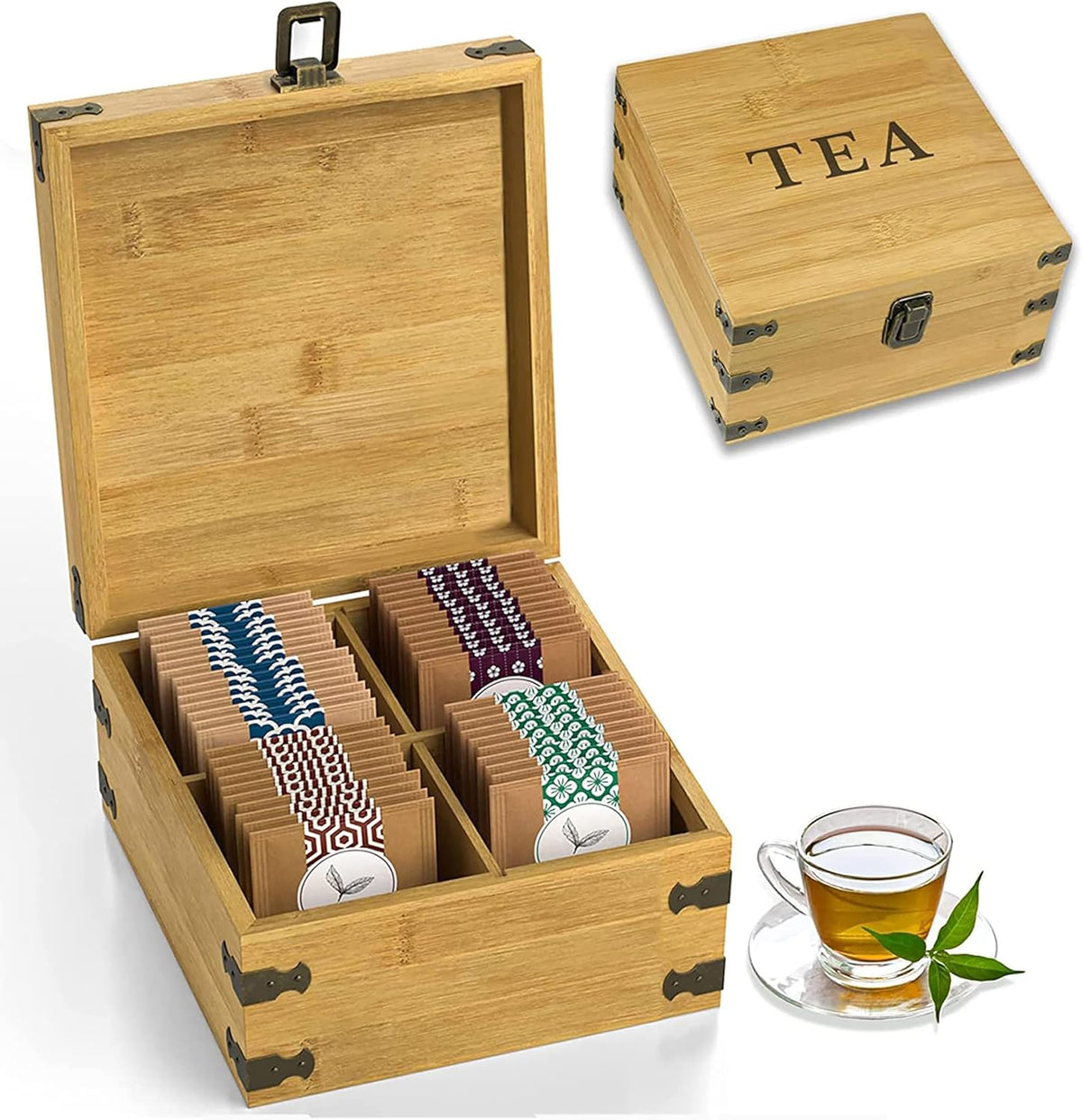Tea Organizer Box 7.4" x 8.1" x 4.2" Bamboo Wood Organizer Storage Chest 4 Tall Adjustable Slots 100% Handmade Eco-Friendly Natural Kitchen Décor