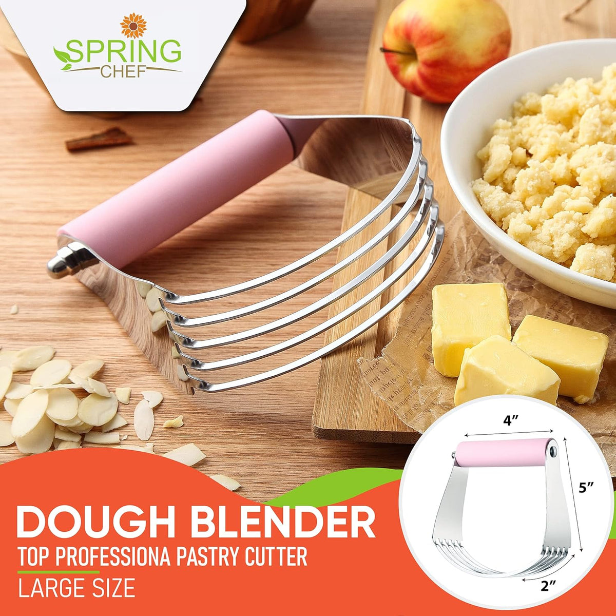 Spring Chef Large Dough Blender For Baking, Professional Dough Cutter Tool, Stainless Steel Puff Pastry Cutter Tool, Dishwasher Safe Pastry Blender for Easy Mixing - Pink Lemonade