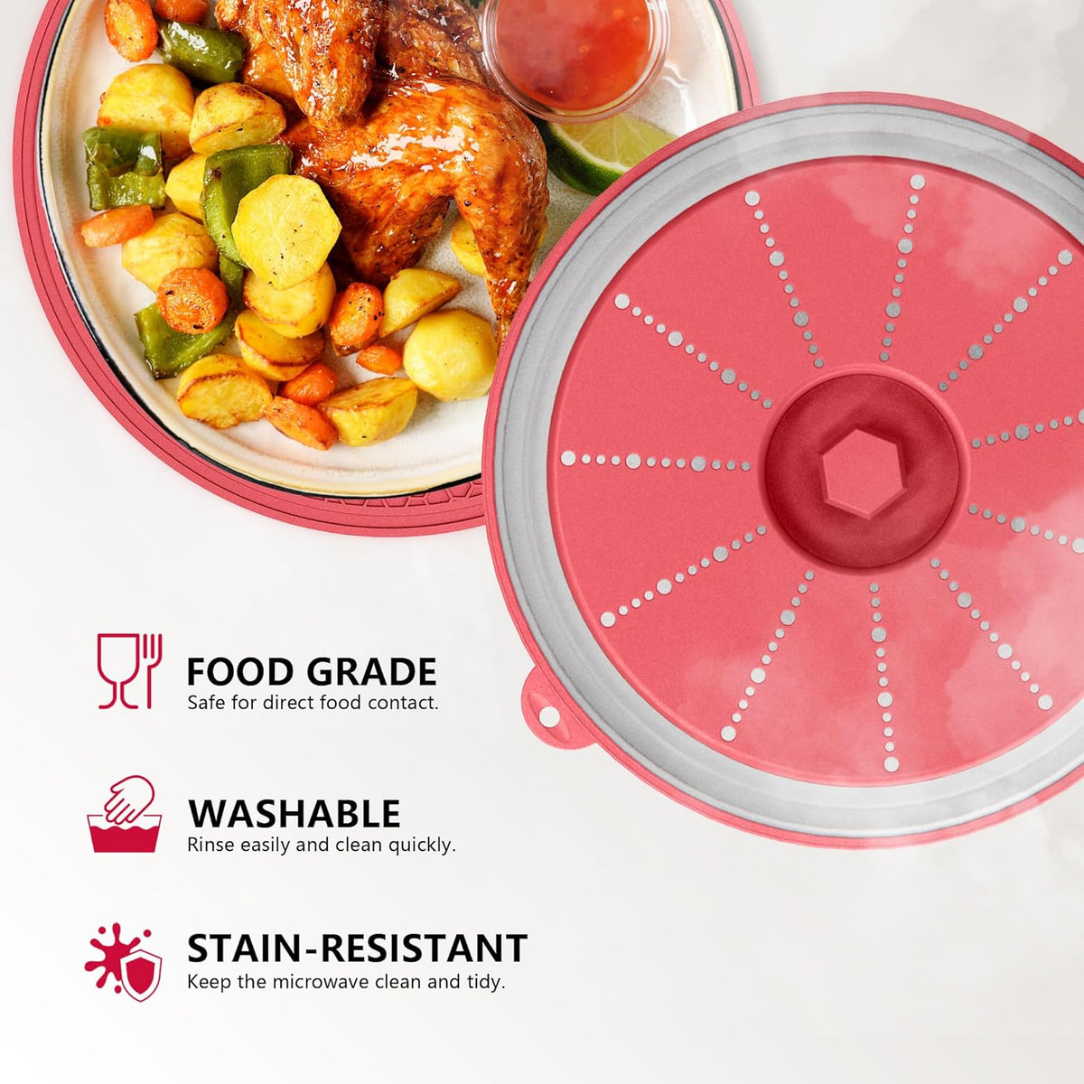 WVM Microwave Splatter Cover & Mat, Vented Collapsible Splatter Guard dish Plate lid & Silicone Round Kitchen Mat for Food, Meal Prep, Red