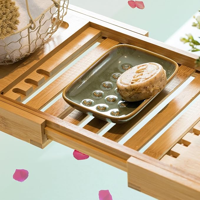 Soap Dish for Shower, Ceramic Soap Dish Non-Slip Soap Holder Bar Saver Tray for Bathroom Kitchen Sink, Floating Point Design Save Soap Loss