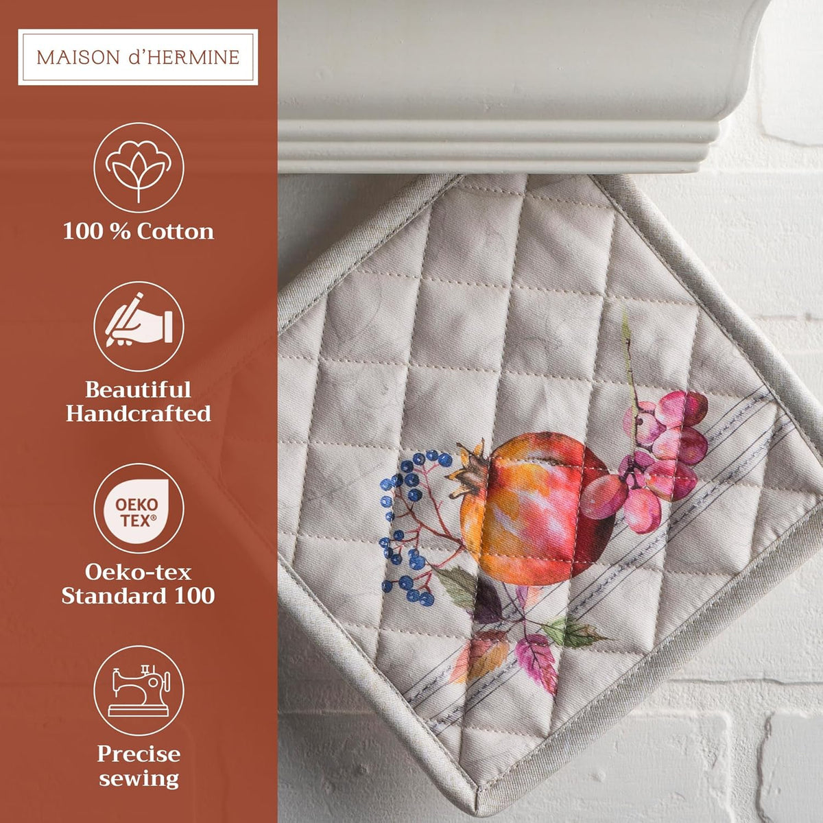 Maison d' Hermine Pot Holders Set 100% Cotton Heat Resistant Potholders 8" x 8" Hot Pads with Loop BBQ, Cooking, Baking, Grilling, Kitchen, Handling Hot Pans (Pack of 2, Fruit D'Hiver)