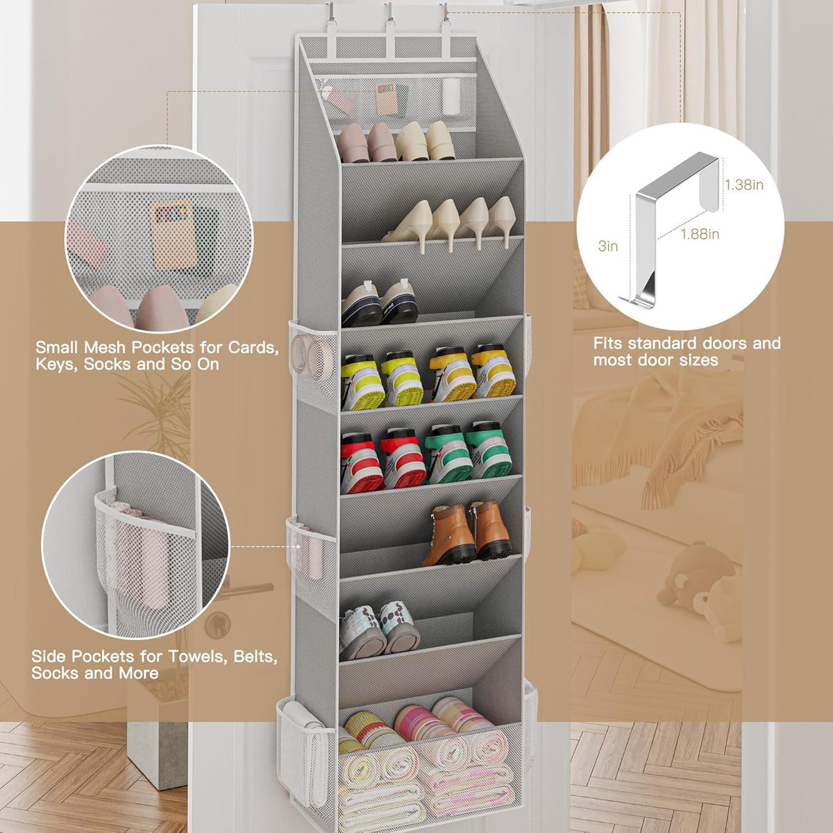 Criusia Shoe Organizer, Over the Door Shoe Organizer, Hanging Closet Shoe Storage with Large Deep Pockets, Fits 16–24 Pairs of Sneakers, Sandals, Boots, Gray