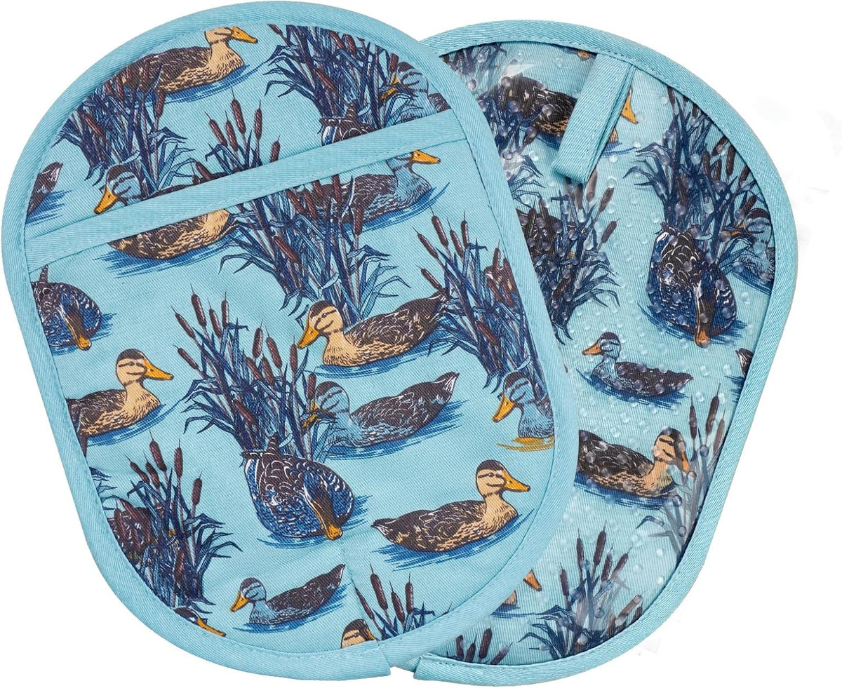 Pot Holders Set of 2 with Transparent Clear Silicone Shell and Nice Duck Flower Cotton Lining, Heat Resistant to 500 F Kitchen Oven Gloves Pot Holder for Cooking (Wathet Blue, Potholders)