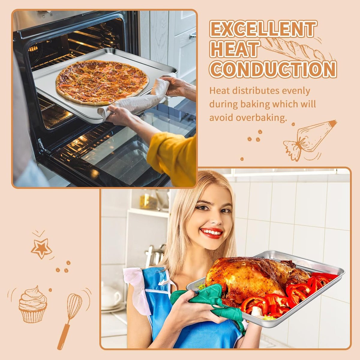 Stainless Steel Baking Sheet Set of 2, Deedro Cookie Sheet Metal Baking Pan Oven Tray, Non Toxic & Heavy Duty, Rust Free & Mirror Finish, Easy Clean & Dishwasher Safe, 20 x 14 x 1.3 Inch