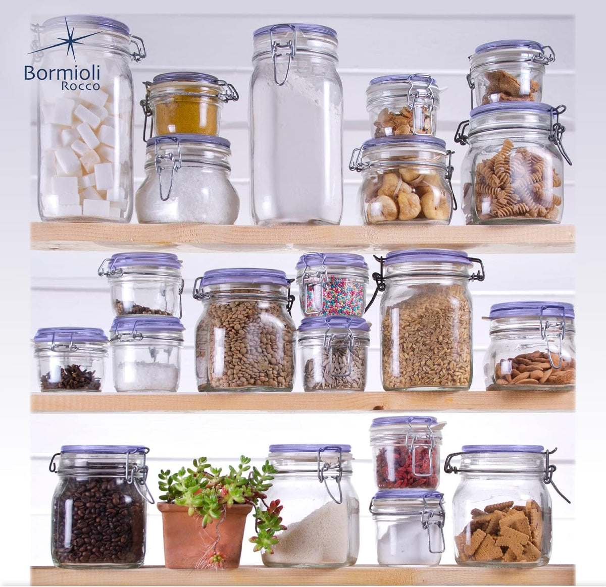 Bormioli Rocco Fido Glass Jars, Blue Lids – Serving & Entertaining Containers, Assorted Sizes - Airtight Clamp Canisters for Appetizers, Desserts, Snacks – Italian Glass, Dishwasher Safe (Set of 3)