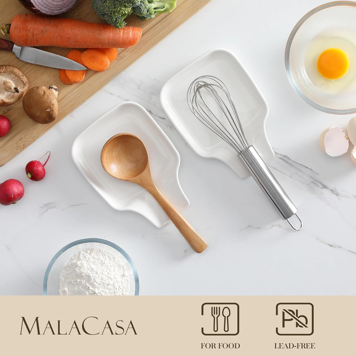 MALACASA Spoon Rest, Large Spoon Rests for Stove Top, Porcelain Spoon Holder for Kitchen Counter, Utensils Rests, Cooking Spoon Holders for Spatula Ladle Tongs, Ivory White, Series REGULAR