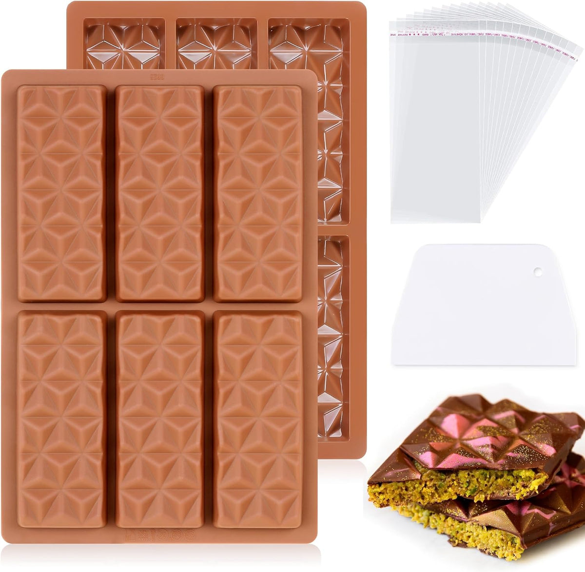 2 Pcs Chocolate Bar Mold Deep Dubai Stuffed Silicone Molds for Filling Knafeh Pistachio Chocolate Bar and Wax Melts Rectangle Thick Candy Bar Molds Break Apart (Pyramid)