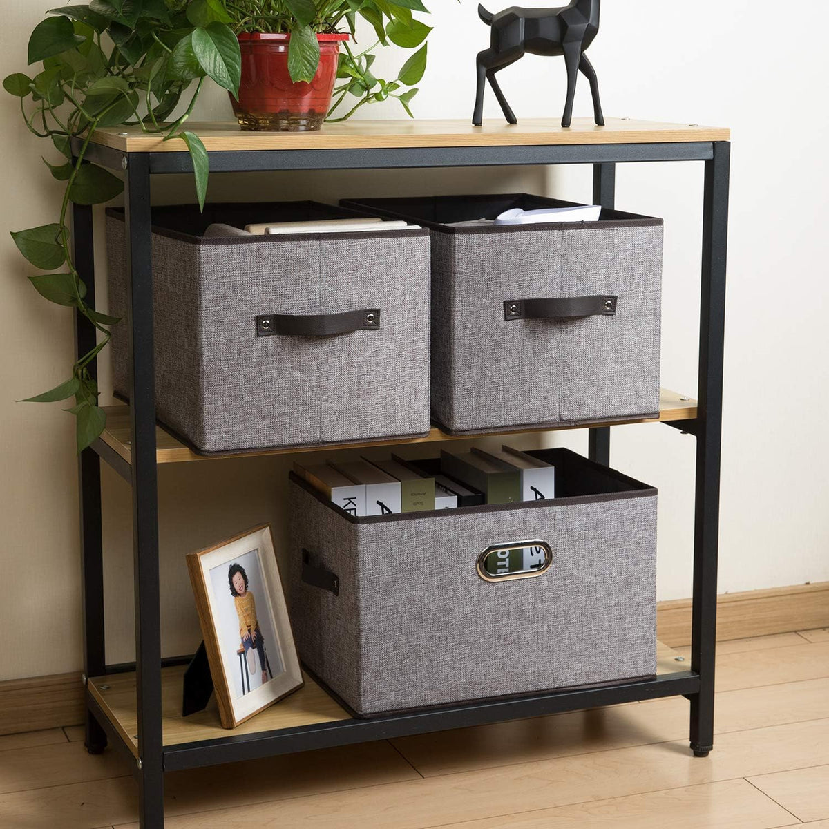PRANDOM Larger Collapsible Storage Bins for Closet [5-Pack] Decorative Linen Fabric Storage Baskets Cubes with Leather/Metal Handles for Living Room Grey (17.3x12.2x10.4 Inch)