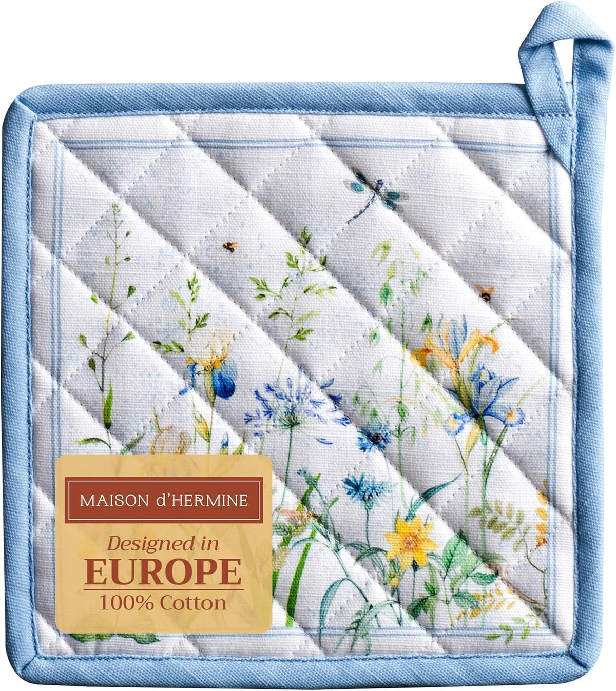 Maison d' Hermine Pot Holders 100% Cotton Heat Resistant Potholders 8" x 8" Hot Pads with Loop BBQ, Cooking, Baking, Grilling, Kitchen, Handling Hot Pans Spring/Summer (Pack of 1, Fleurs De Mai)