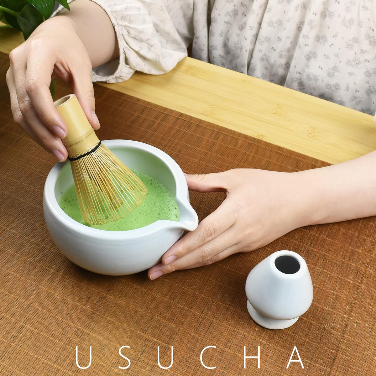 Artcome 4 Pcs Complete Matcha Tea Ceremony Kit - Bowl, Whisk, Whisk Holder, Tea Scoop - For Usucha, Koicha and Matcha Latte (White)