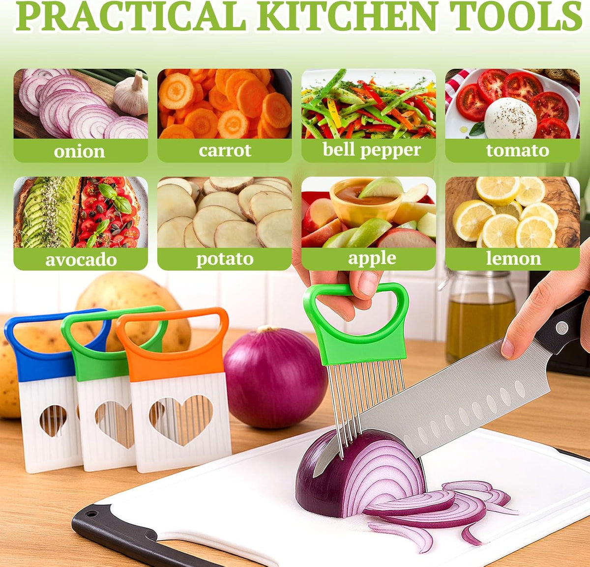 FANTEXY 3Pieces Onion Holder for Slicing, Stainless Steel Onion Cutter for Slicing, Potato Lemon Slicer Tomato Slicers Kitchen Comb for Vegetables, Fruit and Meat