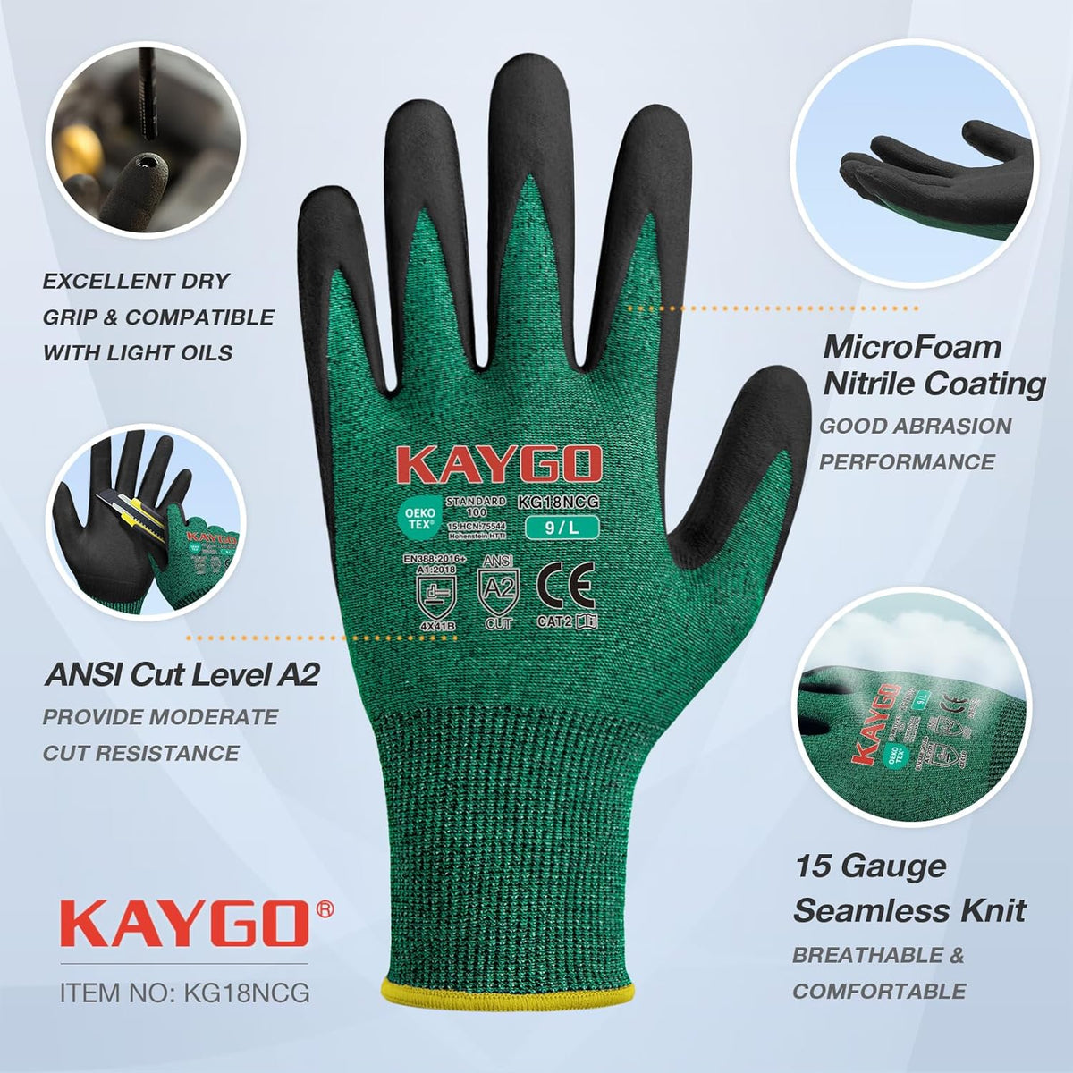 KAYGO Safety Work Gloves MicroFoam Nitrile Coated, 3 Pairs KG18N, Cut Resistant Glove with Abrasion and Oil Resistant Grip, ANSI Cut Level A2, XL, Green