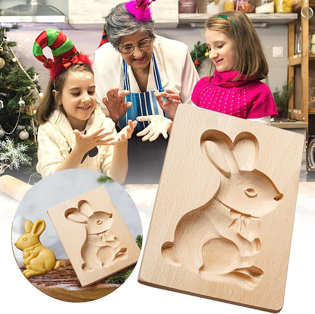 Wooden Cookie Biscuit Mold, 3D Baking Mold, Embossing Craft Decorating Baking Tool, Suitable for Halloween Thanksgiving Christmas Kitchen DIY (Stand Rabbit)