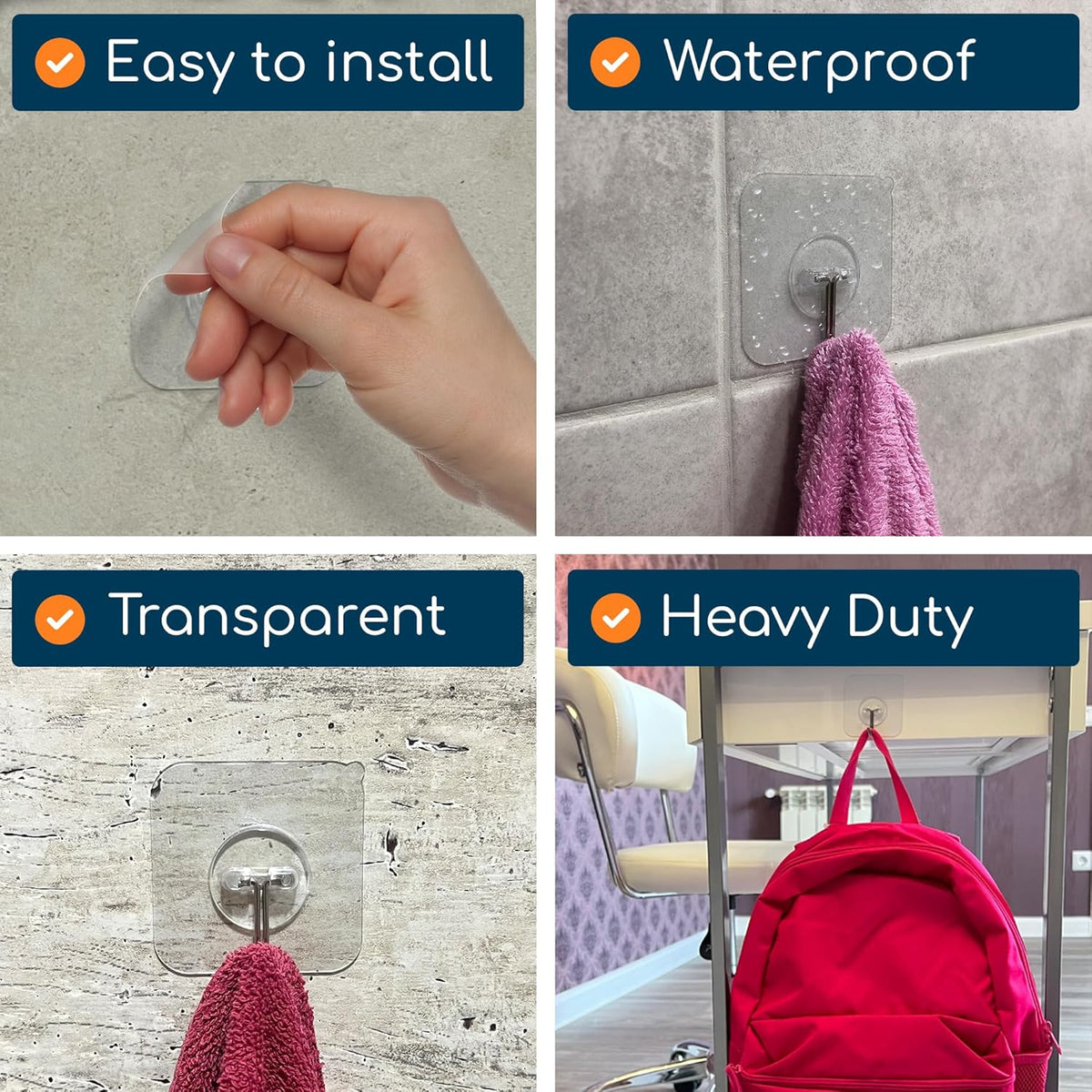 GLUIT Adhesive Wall Hooks for Hanging Heavy Duty 22 lbs Hooks for Walls No Damage, Towel Sticky Clear Hook, Waterproof, Home, Bathroom, Kitchen, Office, and Outdoor 6 Pack