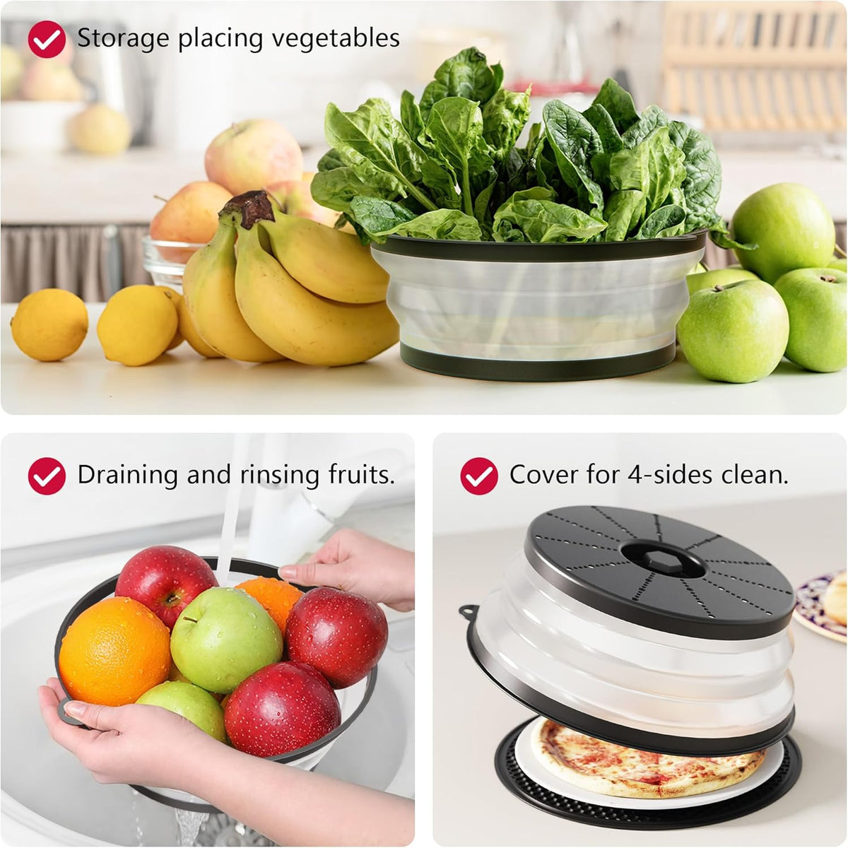 WVM Microwave Splatter Cover & Mat, Vented Collapsible Splatter Guard dish Plate lid & Silicone Round Kitchen Mat for Food, Meal Prep, Black