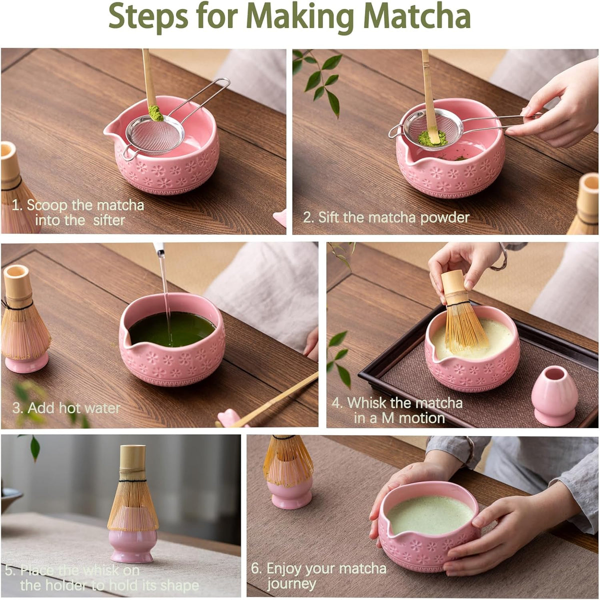 Matcha Whisk Set, Ceramic Matcha Set Includes Matcha Bowl, Matcha Whisk and Holder, Bamboo Scoop, Scoop Rest, Sifter and Tea Towel - 7 Pcs Matcha Kit for Matcha Lovers (Pink)