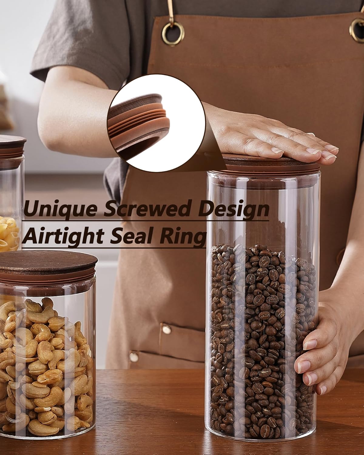 50 oz Coffee Canister with Scoop and Wooden Lids, Airtight Glass Coffee Jars Set of 2 for Ground Coffee, Coffee Beans Storage Container with Lids for Kitchen Brown Sugar, Coffee Bar