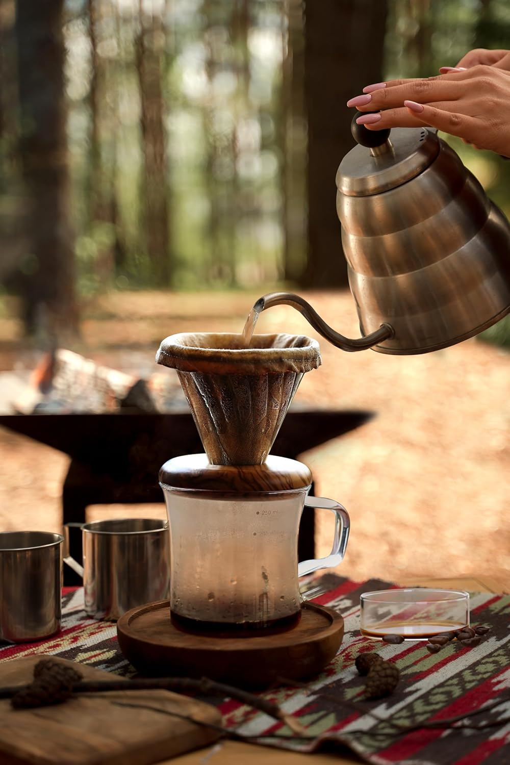 ATHIA Glass Pour Over Coffee Dripper Set, Glass Cone Dripper, Reusable Cloth Filter, Leather Cup Sleeve, Minimal Single Cup SET, for outdoor, office or at home (Olive Wood)
