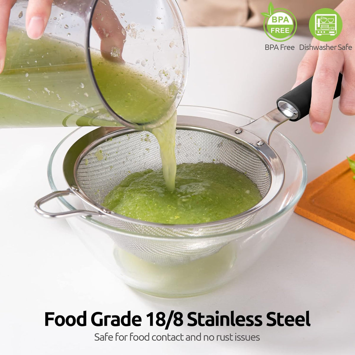 18/8 Stainless Steel Mesh Strainer: U-Taste 5.5 Inch Kitchen Fine Mesh Sieve Food Colander with Riveted Sturdy Silicone Handle and 30 Mesh Hole for Straining Flour, Pasta, Fruit, Quinoa (Black)