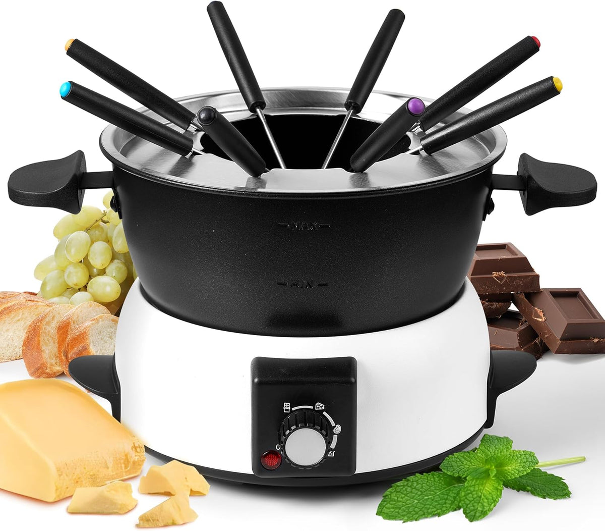 3-Quart Electric Fondue Pot Set – Stainless Steel Fondue Pot with 8 Color-Coded Forks, 3-Mode Adjustable Temperature Control for Cheese, Chocolate, Oil, and Hotpot, Model FD-10B