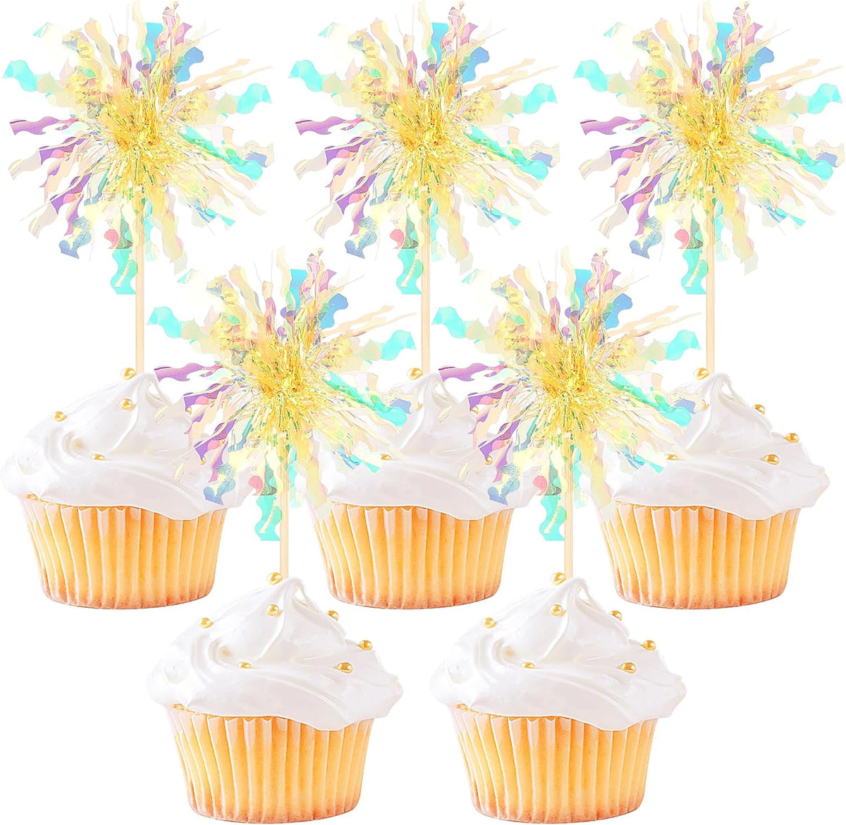 30 PCS Foil Firework Cupcake Toppers Sparkle Tinsel Cupcake Picks Happy Birthday Cake Decorations Drink Stirrers Cocktail Food Fruit Toothpicks for Baby Shower Graduation Party Supplies Yellow