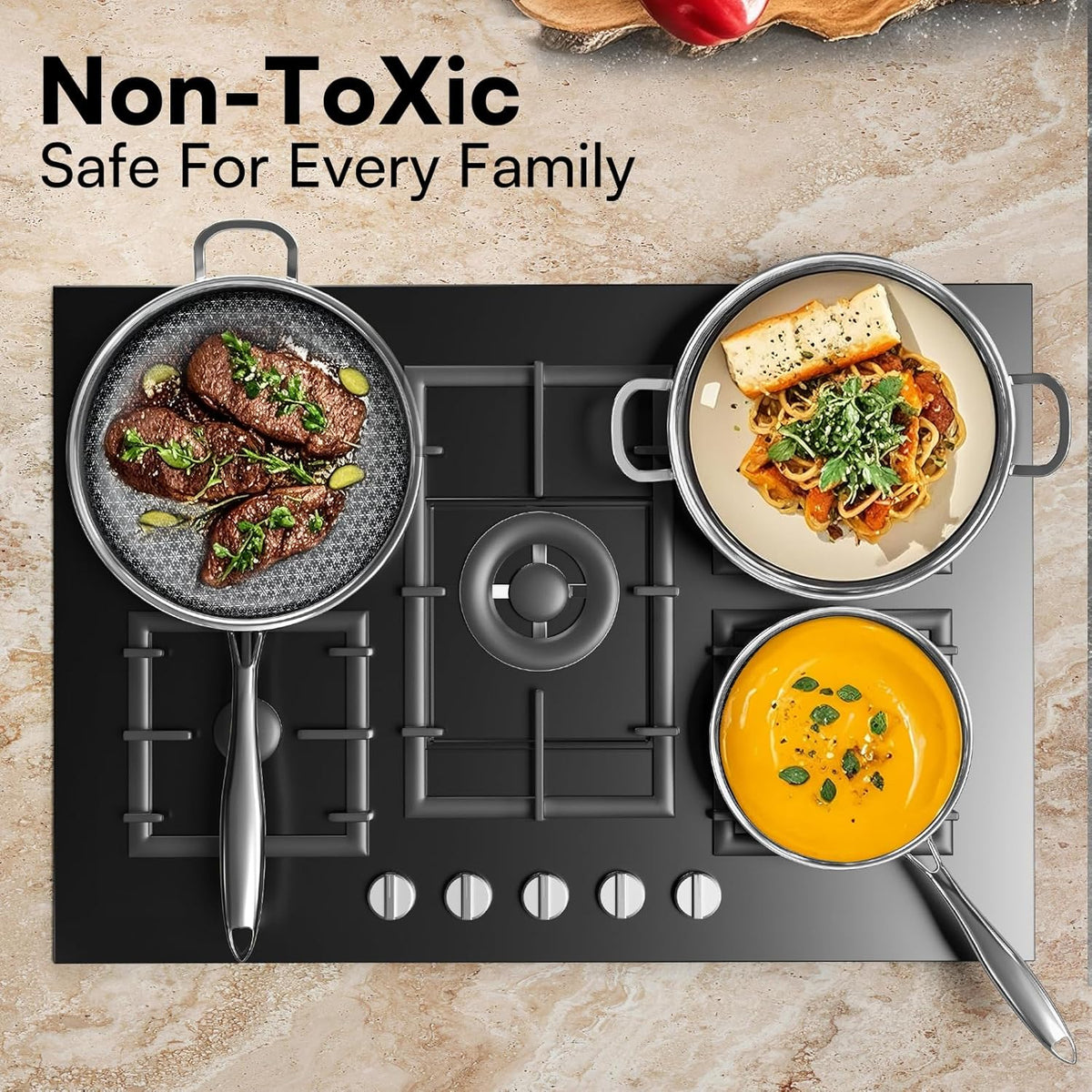 Non Stick Frying Pans Set with 3 Lid, Non-Toxic Hybrid Pans Set Nonstick (8+10+12inch),Pan for cooking, nonStick Cookware, Dishwasher and Oven-Safe Cookware Sets, Stainless Steel Skillets