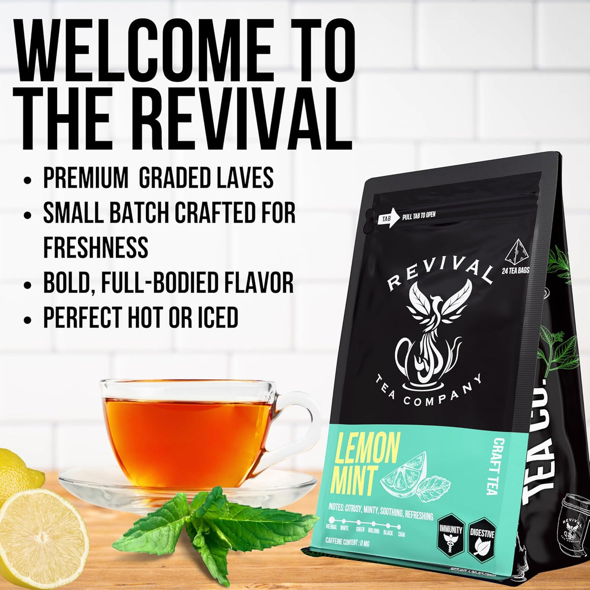 Revival Tea Company Lemont Mint Tea - Herbal Tea Blend of Peppermint, Spearmint and Lemon - Caffeine Free - Loose Leaf 3 Ounces