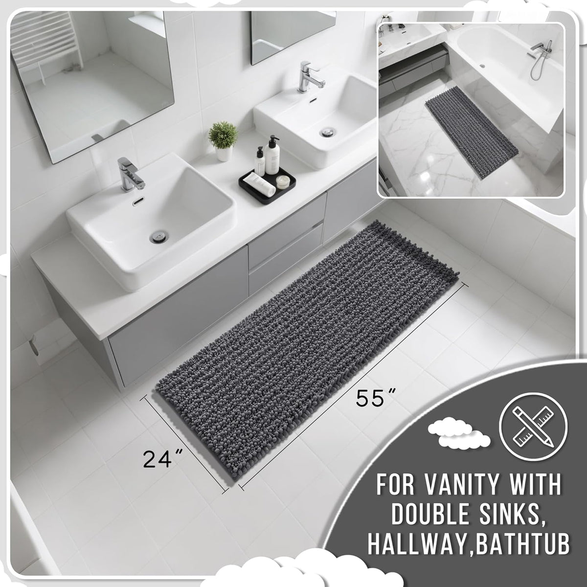Yimobra Bathroom Runner Rug 55x24 Inch - Extra Long Non Slip Chenille Bath Mat, Soft & Absorbent, Machine Washable Shaggy Hallway Carpet for Vanity Tub Shower, Dark Gray Home Decor Accessories