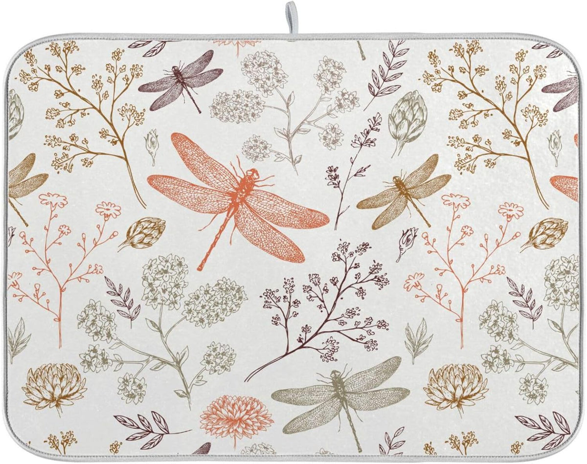 Dragonfly Botanical Plant Dish Drying Mat for Kitchen Counter Absorbent Microfiber Drying Pad, Large 18x24 in, Reversible Drainer Mats