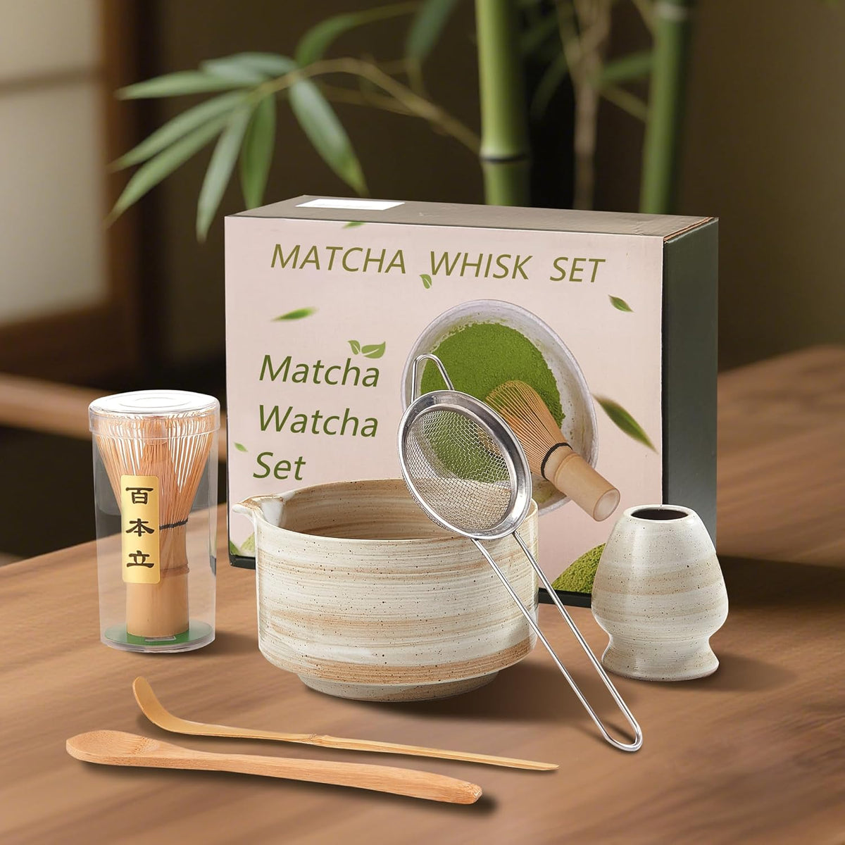 Matcha Whisk Set, Ceramic Matcha Set with Bowl, Matcha Whisk and Holder, Sifter, Bamboo Spoon, Scoop, 6Pcs Ceremony Matcha Kit for Tea Lovers Making Breakfast/Latte