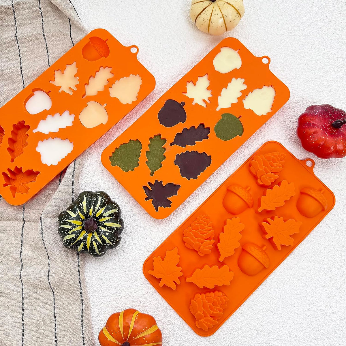 3Pack Fall Chocolate Mold Thanksgiving Silicone Candy Molds Halloween Autumn Harvest Festival Baking Mold Chestnuts, Pine Cones, Maple Leaves Acorn Shape Cake Molds for Cake Cupcake Toppers