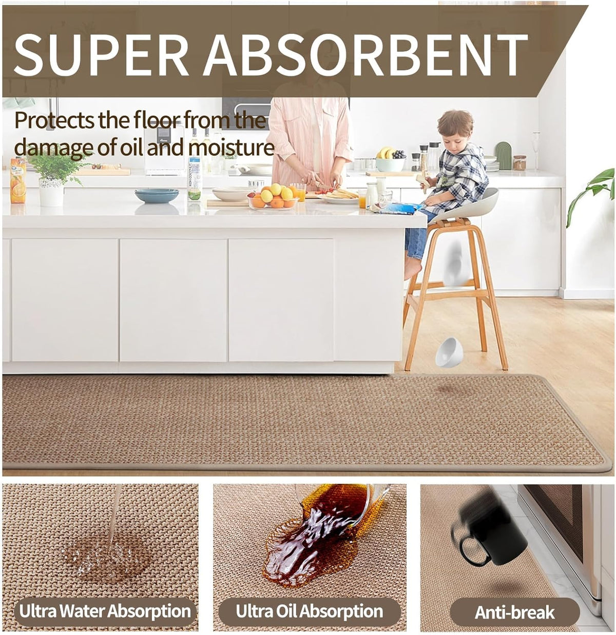 Kitchen Mats for Floor, Super Absorbent Kitchen Rugs Non Slip Washable, Soft Imitation Linen Braided Kitchen Runner Rug, Standing Mat Kitchens Sink Mat, Easy to Clean, Brown 17x71