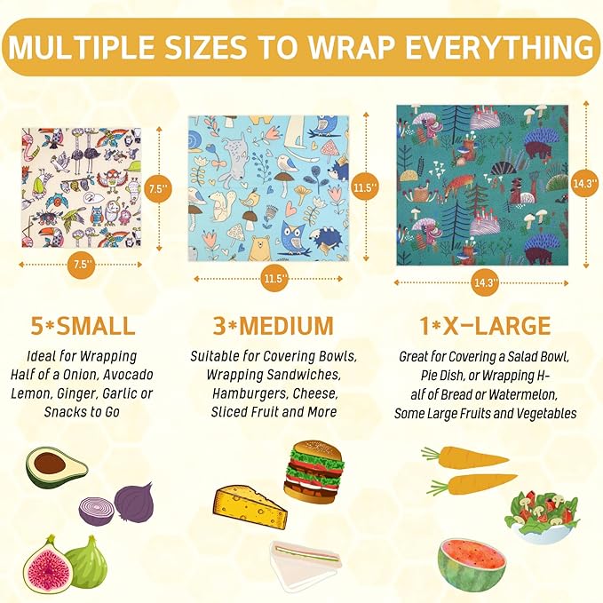 Reusable Beeswax Wrap - 9 Pack Beeswax Wraps for Food, Eco-Friendly Beeswax Food Wraps, Bread Sandwich Wrapper - Organic, Sustainable, Zero Waste, Reusable Plastic-Free Food Wrap, 1XL, 3M, 5S