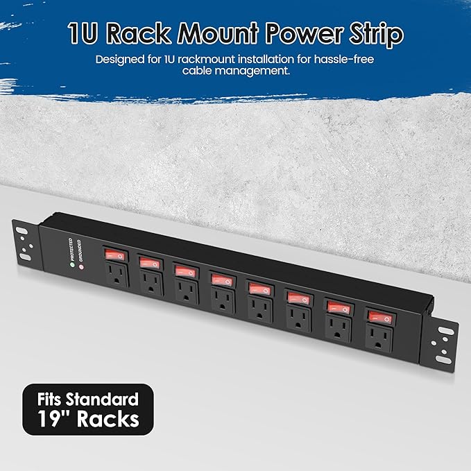 Rack Mount Power Strips,8 Outlet Strips Surge Protector with Individual Switches, PDU Power Strip for Server Racks, 14AWG Heavy-Duty Braided Extension Cord,2700J,15A 125V 1875W (10 FT Cable)