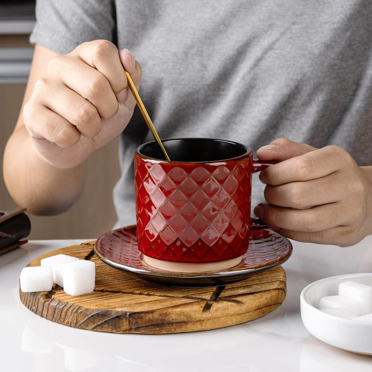 GBHOME 6 OZ Stackable Coffee Mugs, Ceramic Coffee Mugs with Texture Patterns for Man,Woman,Dad,Mom, Modern Coffee Cups Set of 4 for Espresso/Cappuccino/Cocoa. Dishwasher&Microwave Safe,Red