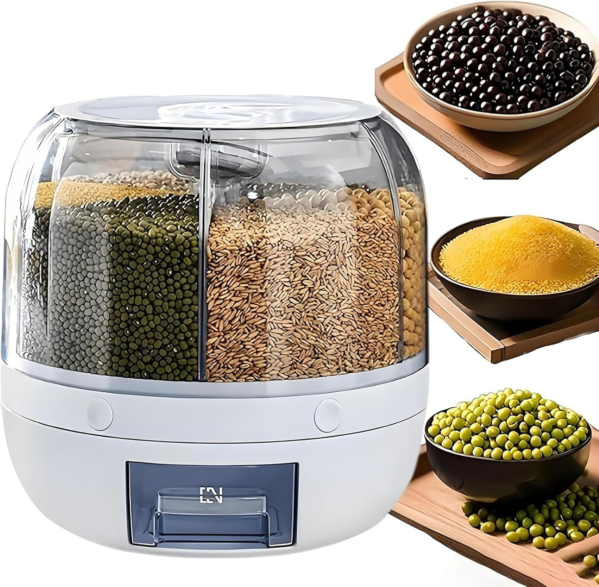 Rotating Grain Storage Bin 6 Grids Rice Container One-Click Output Large Capacity Food Dispenser For Rice Grains or Pet Food Sealed Moisture Proof Organizer