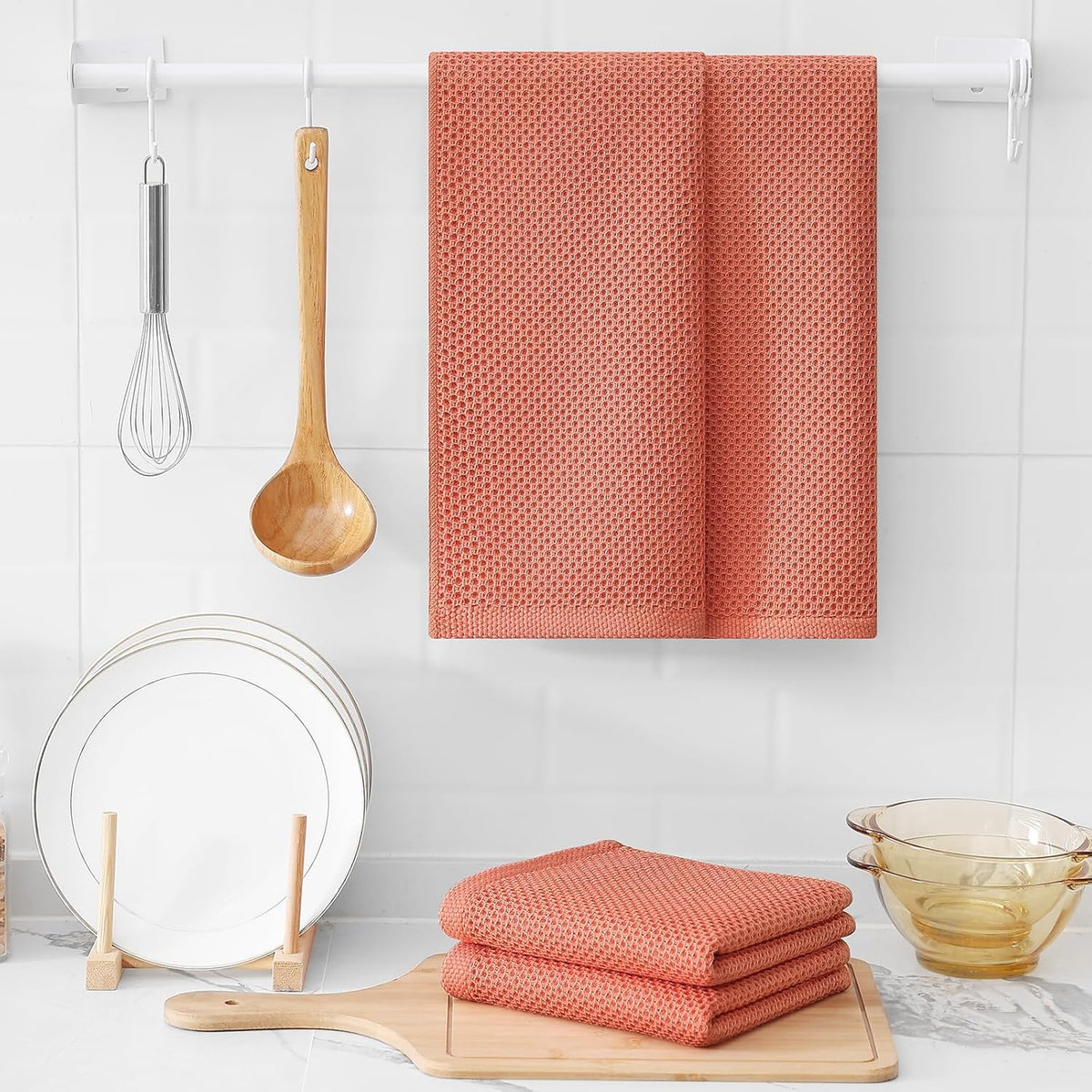 Kitinjoy 100% Cotton Waffle Weave Kitchen Towels, 12-Pack Super Soft and Absorbent Dish Towels for Drying Dishes, Kitchen Hand Towels, 13 in x 28 in, Coral
