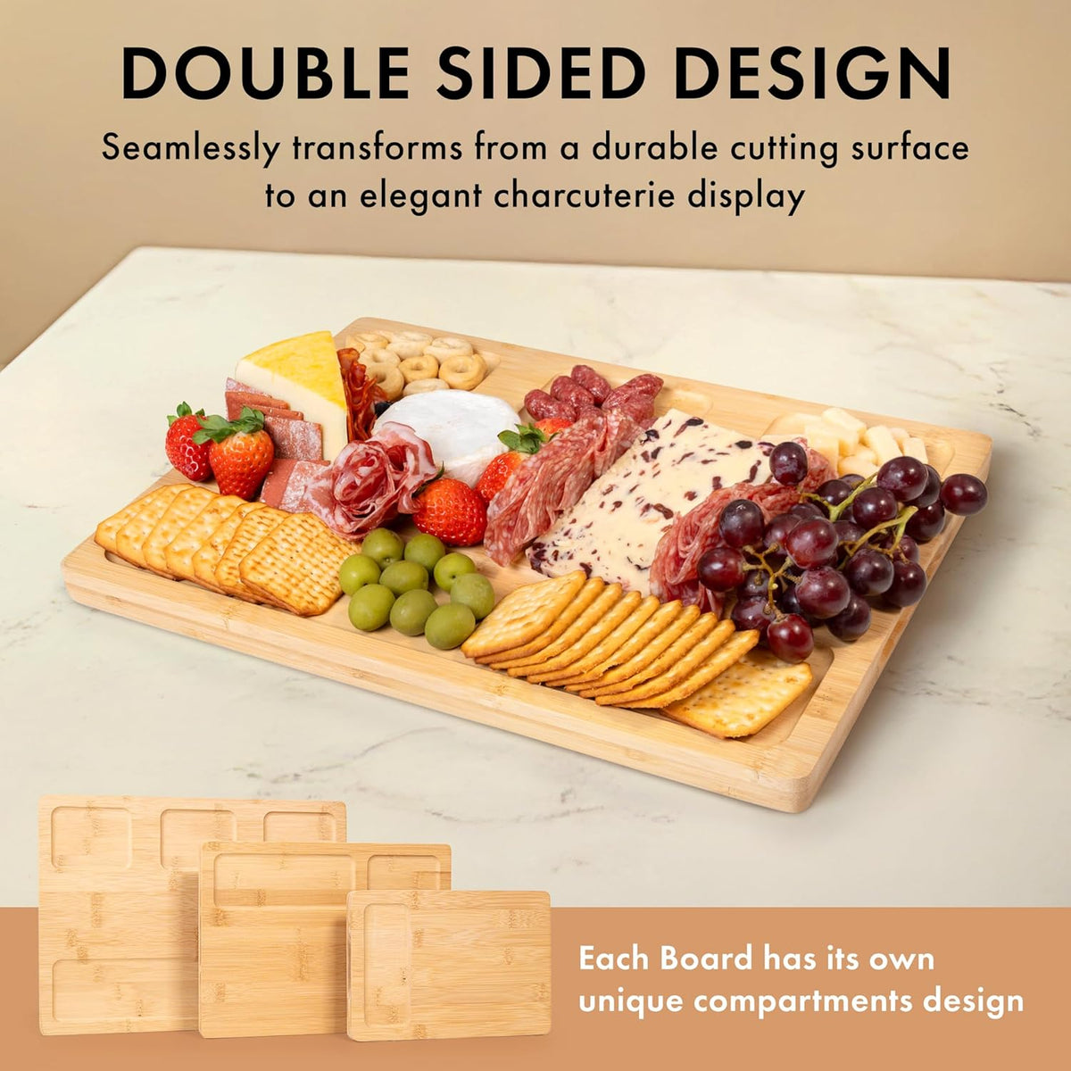 Bamboo Wooden Cutting Boards for Kitchen, Cutting Board Set of 3, Chopping Boards with Juice Groove for Meat, Cheese & Vegetables - Durable, Double sided wood cutting board with serving Compartments