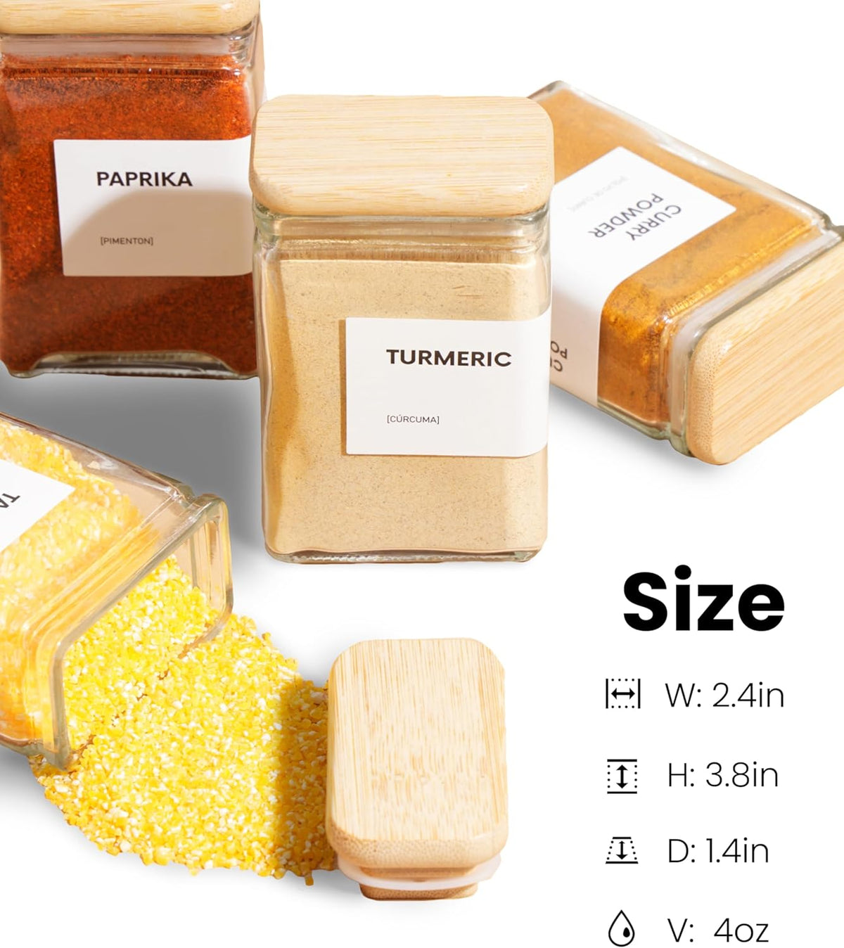 Glass Square Spice Jars with Labels, 4oz Glass Jars with Bamboo Lids, Spice Bottles, Seasoning Organizer, 12 Pack (White)