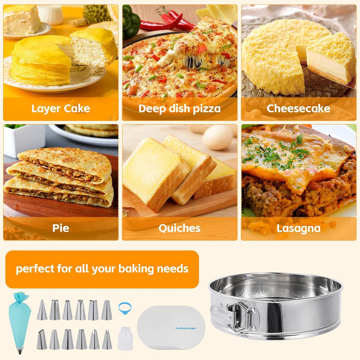 Aufind Springform Pan Set for Baking (9,10inches), 304 Stainless Steel Springform Cake Pan with Removable Bottom, Cheesecake Pan with 50PCS Parchment Paper for Pie Cake Pizza and Quiches
