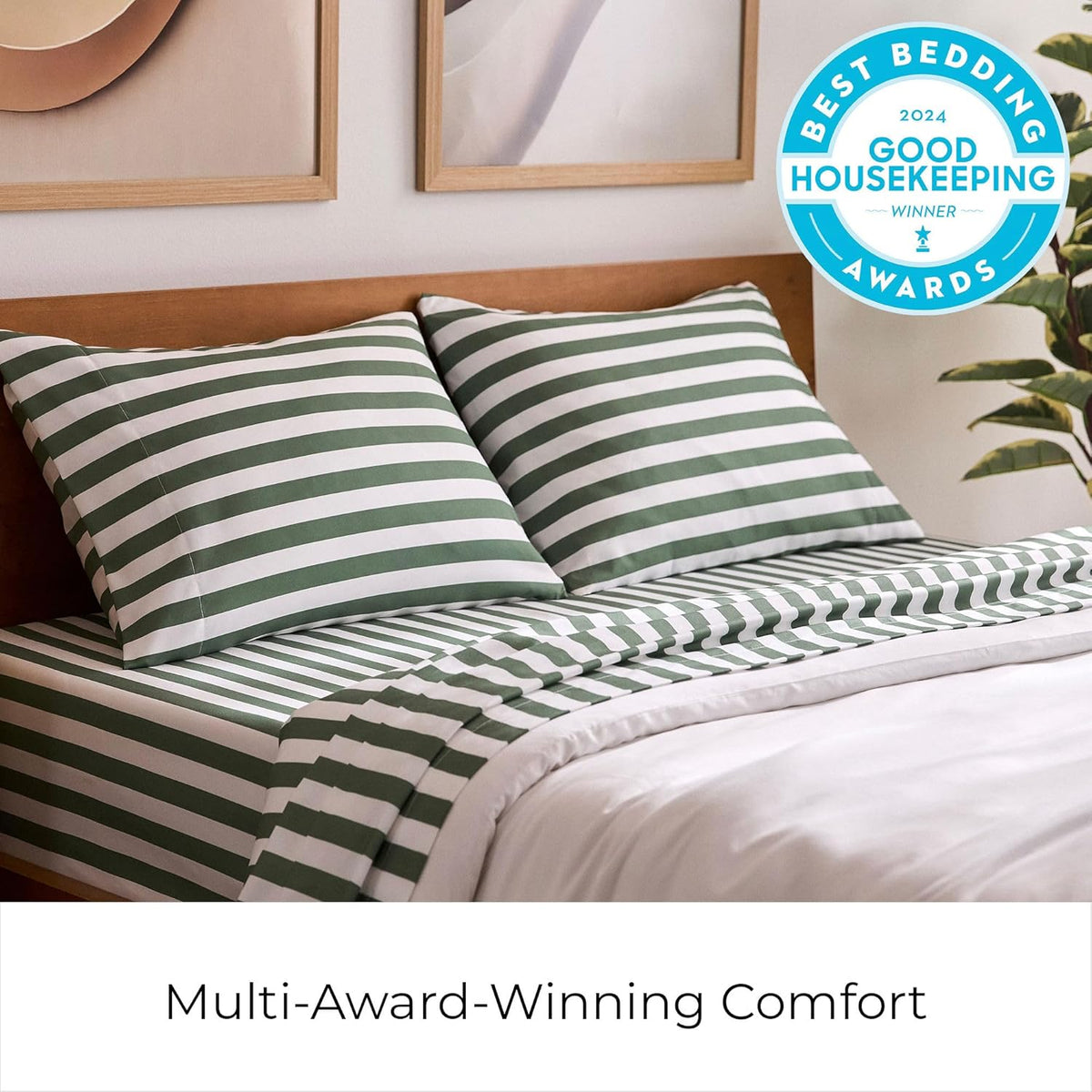 Mellanni Split King Sheets Set - 5 PC Iconic Collection Bedding - Hotel Luxury, Extra Soft, Cooling Bed Sheets - Wrinkle, Fade, Stain Resistant (Split King, Oxford Stripe Sage)