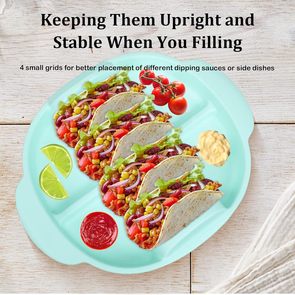 Silicone Taco Holder Plates, BicycleStore 2 Pack Taco Serving Tray with Handle, 11.8"X9.8" Non-Slip Taco Shell Holders Stand Rack with Dividers, Reusable Taco Bar Supplies Dishwasher & Microwave Safe