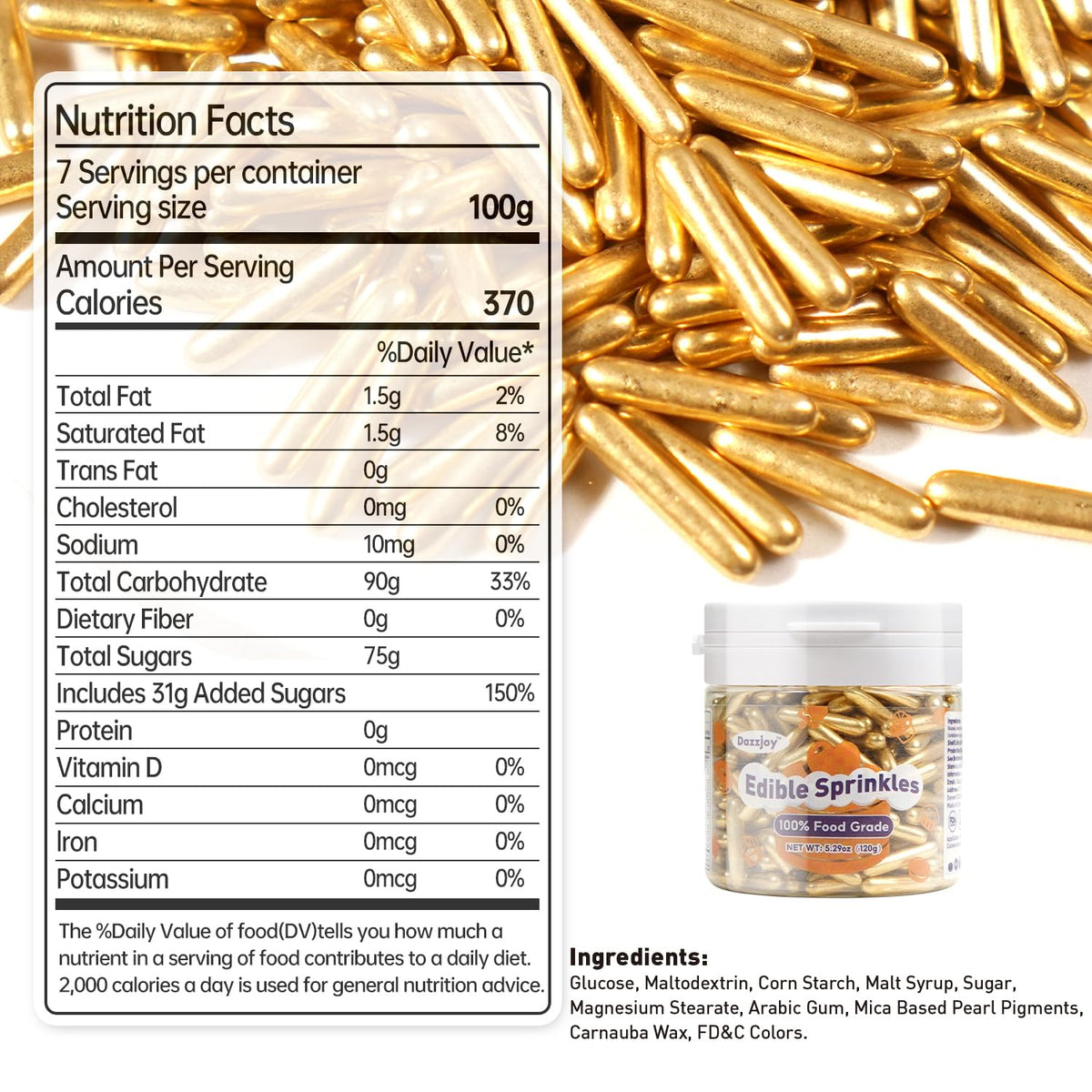 Dazzjoy Gold Rods Sprinkles, Edible Sugar Sprinkles, 120g/4.23oz, Cupcake Toppers, Cake Decorations, Ice Cream, Wedding Party Valentines Easter Supplies
