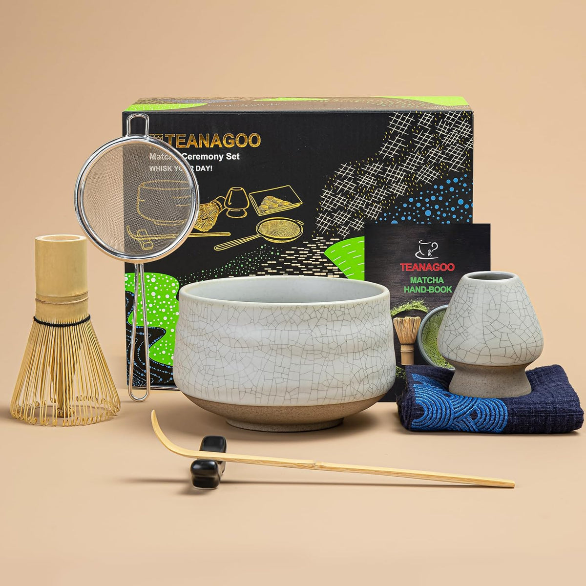TEANAGOO Matcha Whisk Set, 7 Pcs Matcha Set, Matcha Kit for Ceremony, Matcha Tea Set for Making Breakfast/Latte, Matcha Whisk Set and Ceramic Bowl with All Accessories, Gift for Matcha Lover