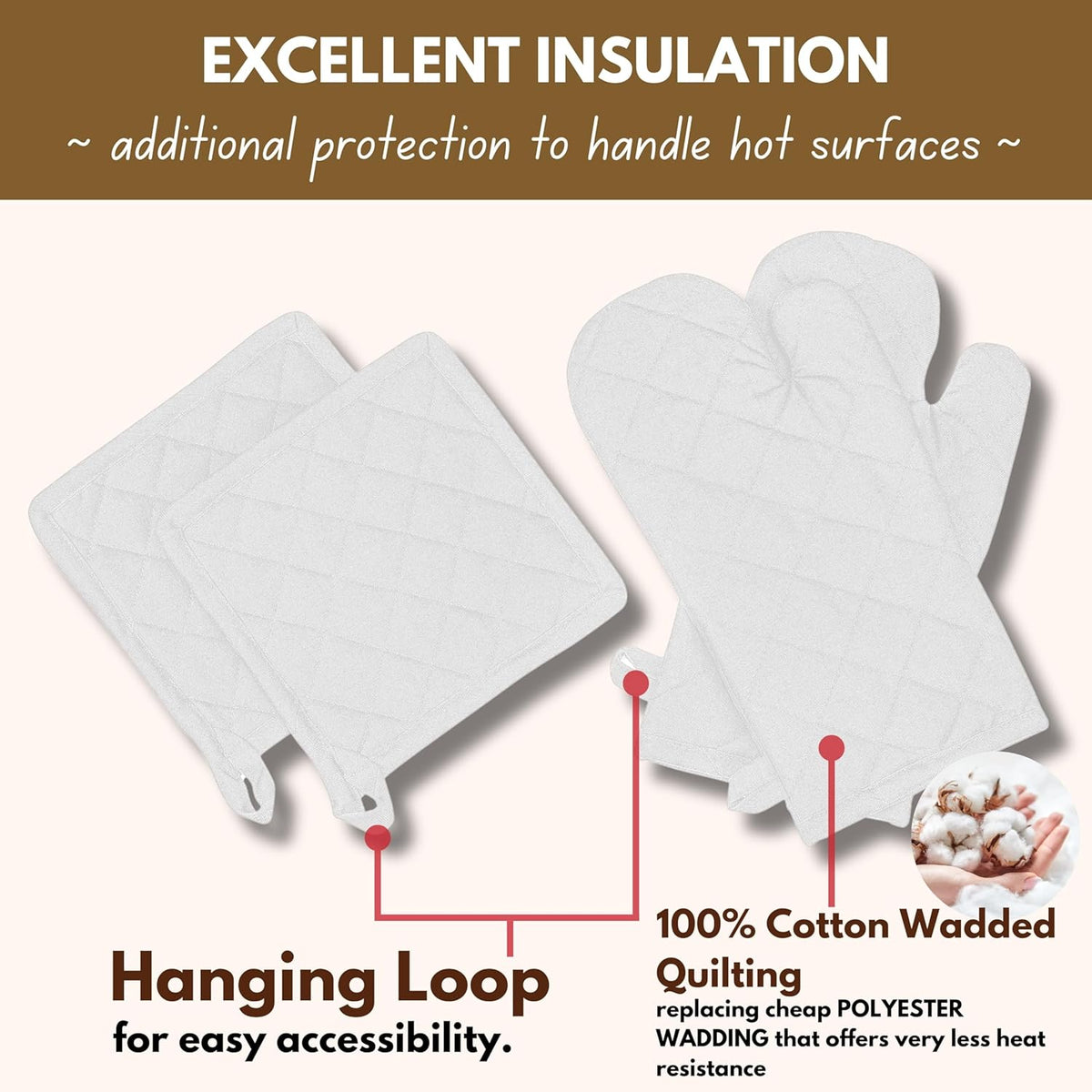 Native Fab 4 Piece Set - 2 Oven Mitts & 2 Potholders, Heat Resistant, 100% Cotton, Quilted Design, Non-Slip Grip, Machine Washable, Ideal for Baking, Cooking, BBQ, Kitchen Protection - White
