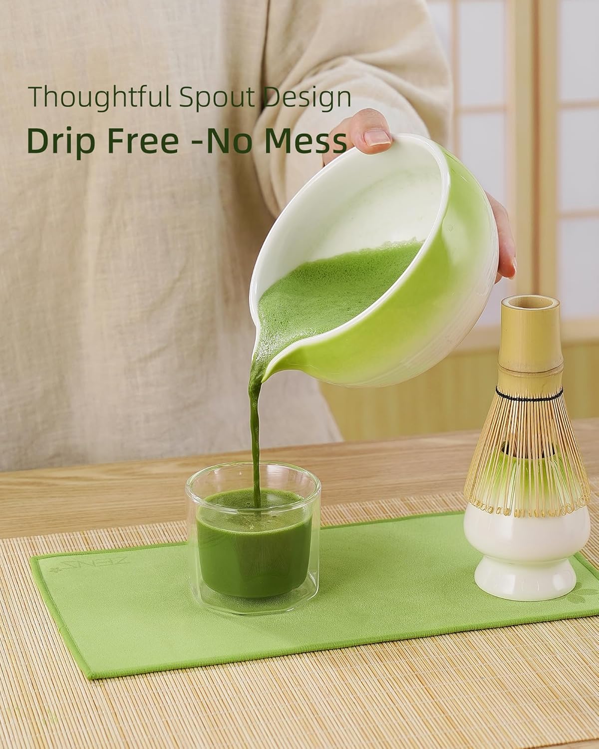 ZENS Matcha Whisk Set, 15oz Matcha Bowl with Spout, 6pcs Matcha Tea Set with Bamboo Whisk & Scoop, Holder (Chasen), Matcha Sifter, Tea Towel for Matcha Ceremony, Green