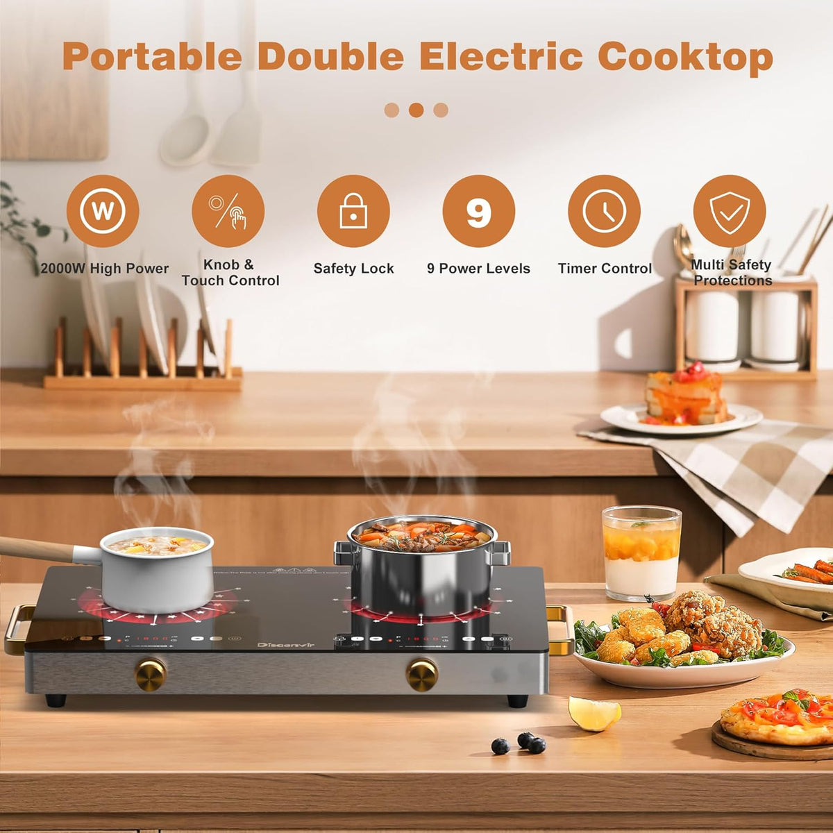 2 Burner Electric Cooktop 110V - 24 Inch Countertop Electric Stove with Handles 2000W, Two Burner Ceramic Burner with LCD Touch Screen and Knob Control, Timer, Safety Lock, 120V Plug in